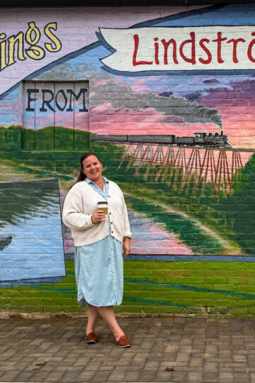 Antonia exploring downtown Lindstrom, one of Minnesota's cutest small towns.