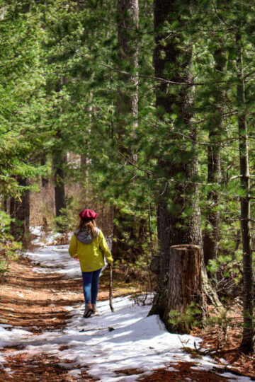 A girl walks along a trail in Bear Head Lake State Park.